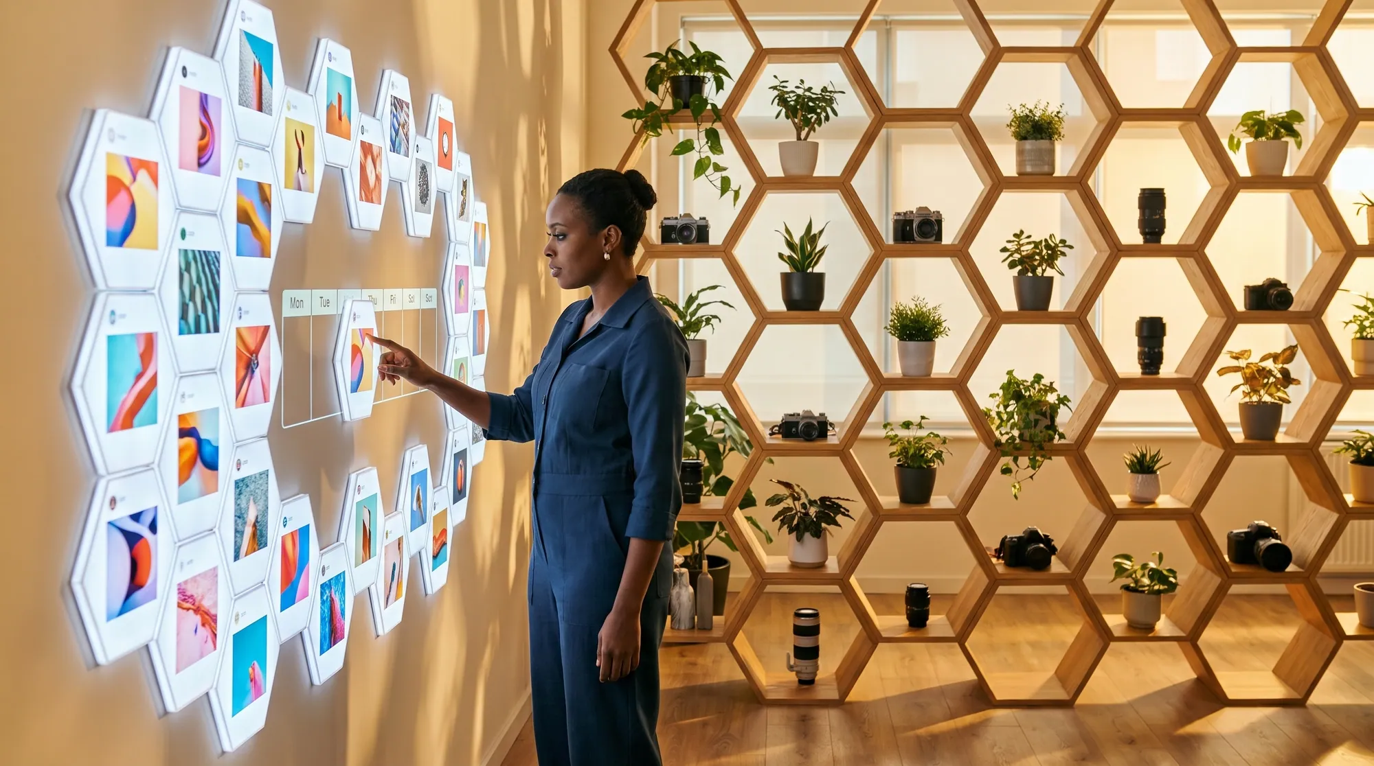 A social media agency studio with honeycomb shelving and a team at work