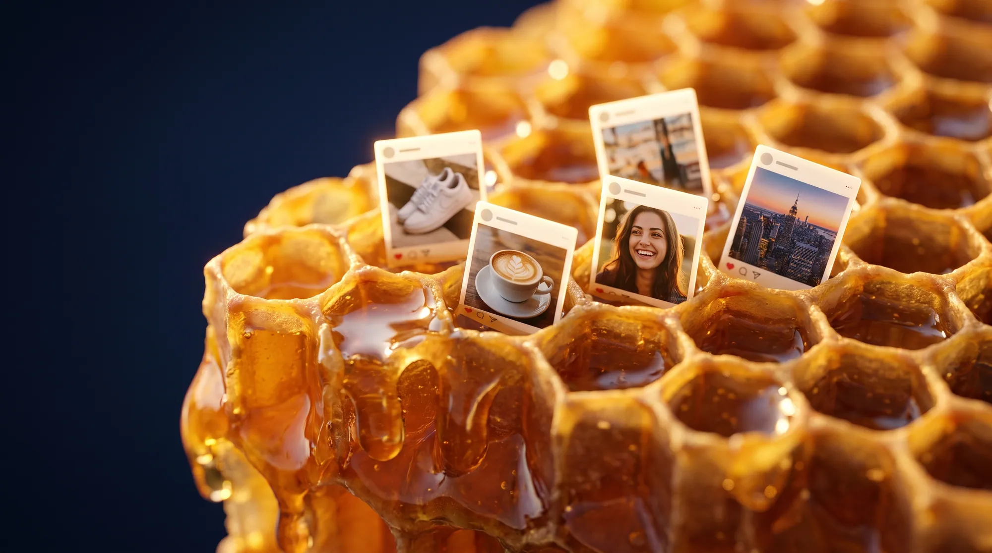 A golden honeycomb holding small photographs of social media posts