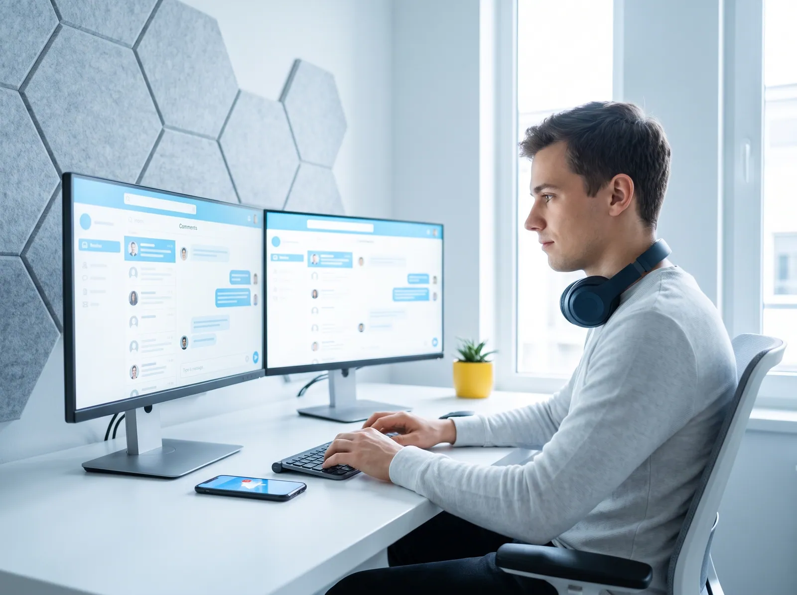 A community manager answering customer messages on two screens