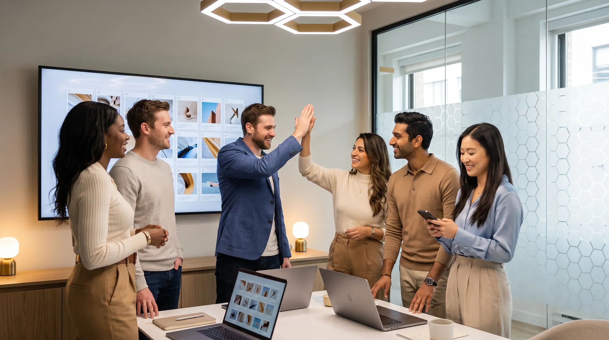A social media team celebrating an approved week of posts